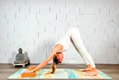 mujer realizando la postura de yoga adho mukha svanasana con bloques