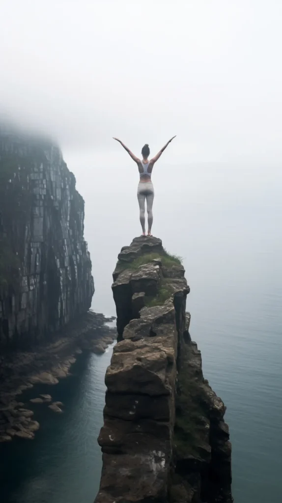 Mujer parada en una roca en medio del mar disfrutando de su desarrollo personal emocional.